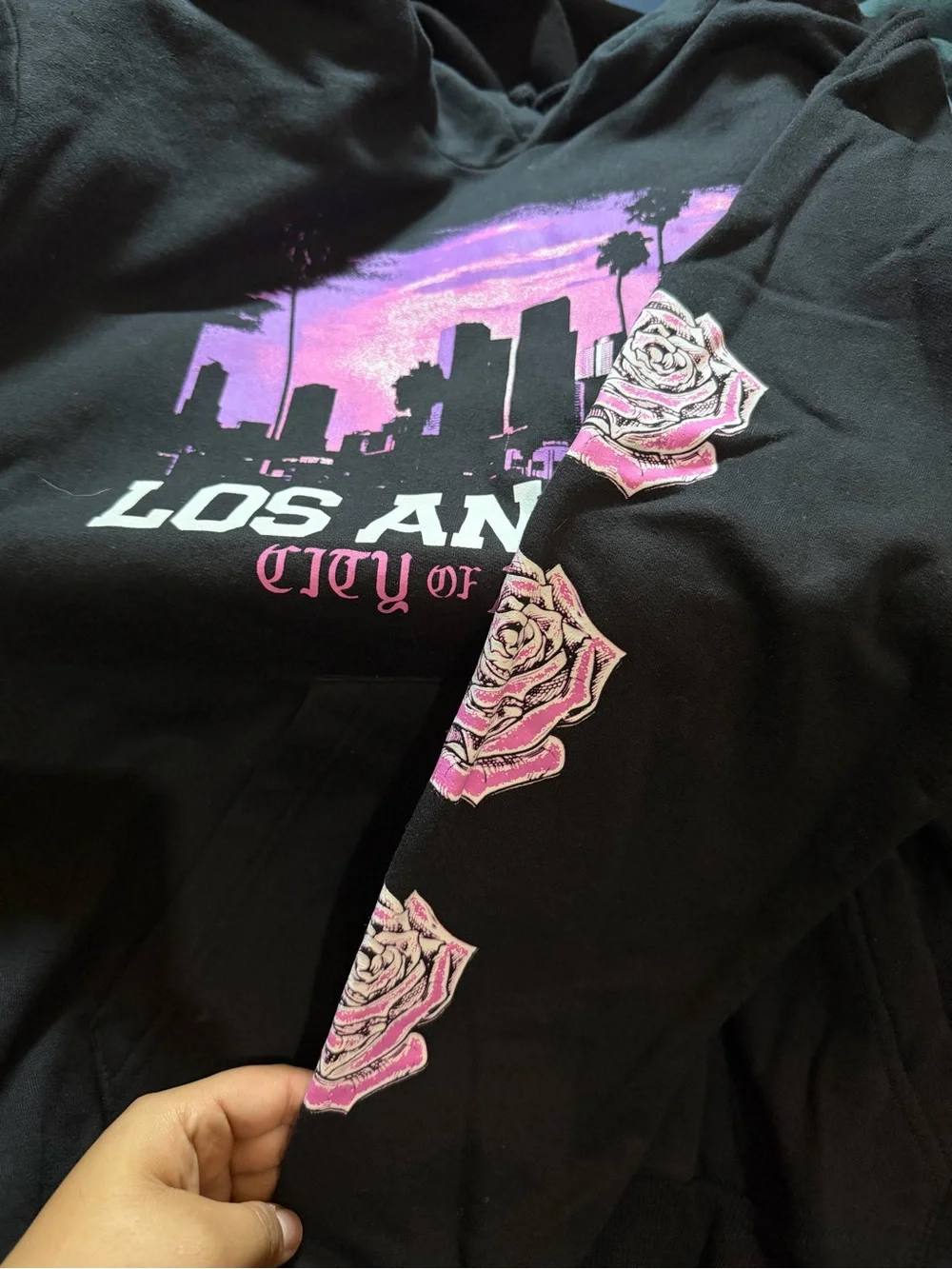 Black 'Los Angeles' Skyline Hoodie with Pink Accent Roses